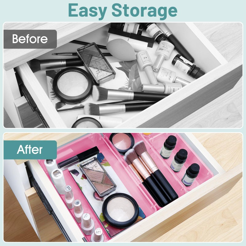 WOWBOX 25 PCS Plastic Drawer Organizer Set, 4 Sizes Desk Drawer Divider Organizers and Storage Bins for Makeup, Jewelry, Gadgets for Kitchen, Bedroom, Bathroom, Office, Clear Pink - Image 4