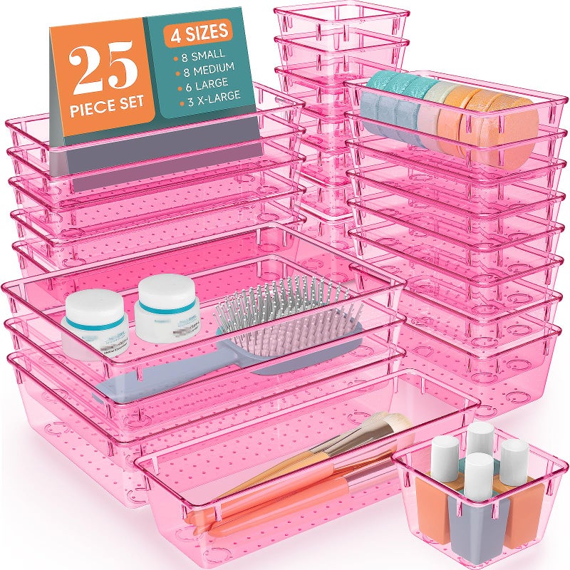 WOWBOX 25 PCS Plastic Drawer Organizer Set, 4 Sizes Desk Drawer Divider Organizers and Storage Bins for Makeup, Jewelry, Gadgets for Kitchen, Bedroom, Bathroom, Office, Clear Pink - Image 1