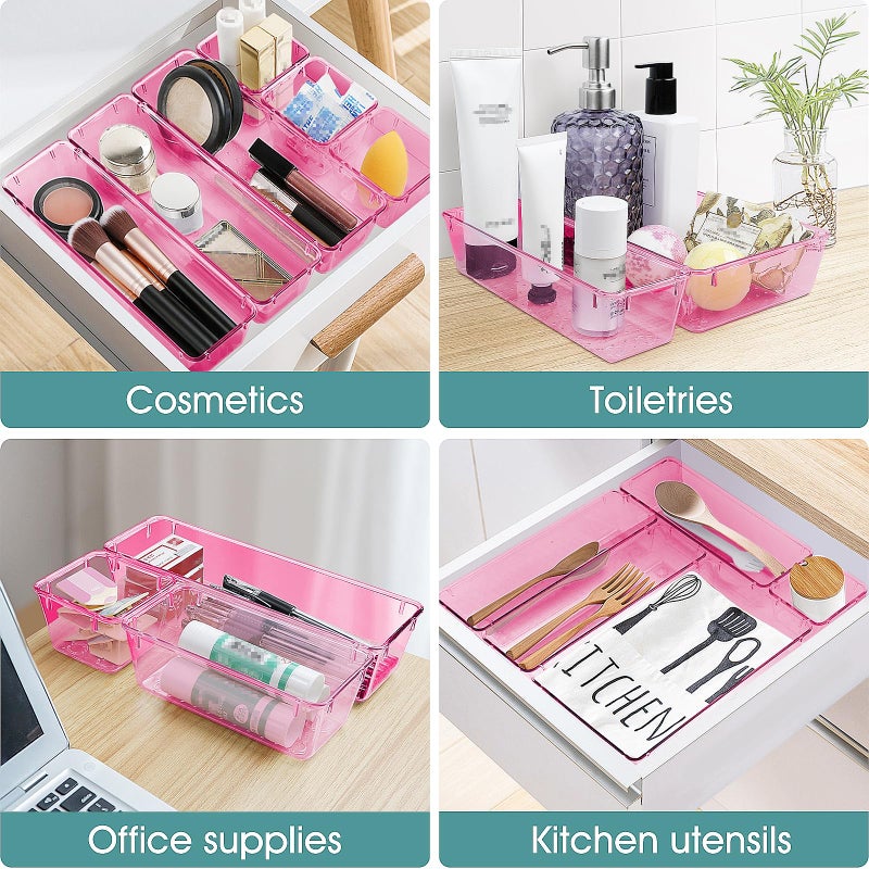 WOWBOX 25 PCS Plastic Drawer Organizer Set, 4 Sizes Desk Drawer Divider Organizers and Storage Bins for Makeup, Jewelry, Gadgets for Kitchen, Bedroom, Bathroom, Office, Clear Pink - Image 5