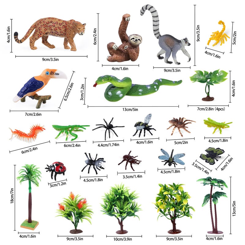 kukifun 26Pcs Rainforest Animal Figures, Realistic Jungle Animals Toys with Snake Sloth Leopard Monkey Bird Insects Trees for Kids Educational Birthday Diorama Decoration Party Favor School Projects - Image 2
