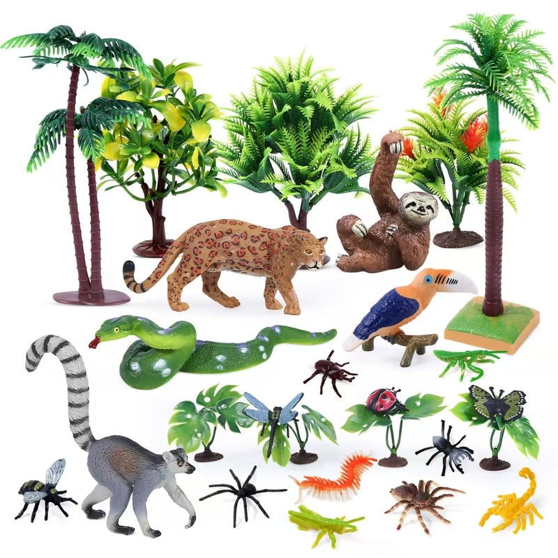kukifun 26Pcs Rainforest Animal Figures, Realistic Jungle Animals Toys with Snake Sloth Leopard Monkey Bird Insects Trees for Kids Educational Birthday Diorama Decoration Party Favor School Projects - Image 1