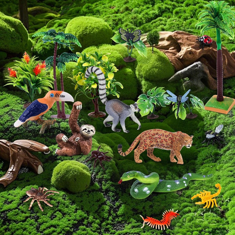 kukifun 26Pcs Rainforest Animal Figures, Realistic Jungle Animals Toys with Snake Sloth Leopard Monkey Bird Insects Trees for Kids Educational Birthday Diorama Decoration Party Favor School Projects - Image 3