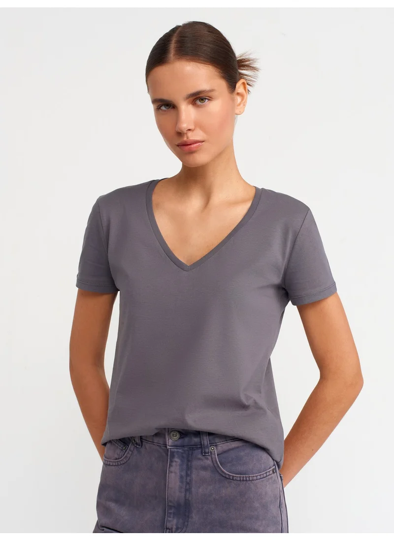 ديلفين Dilvin 3470 V-Neck Basic T-Shirt-Smoked