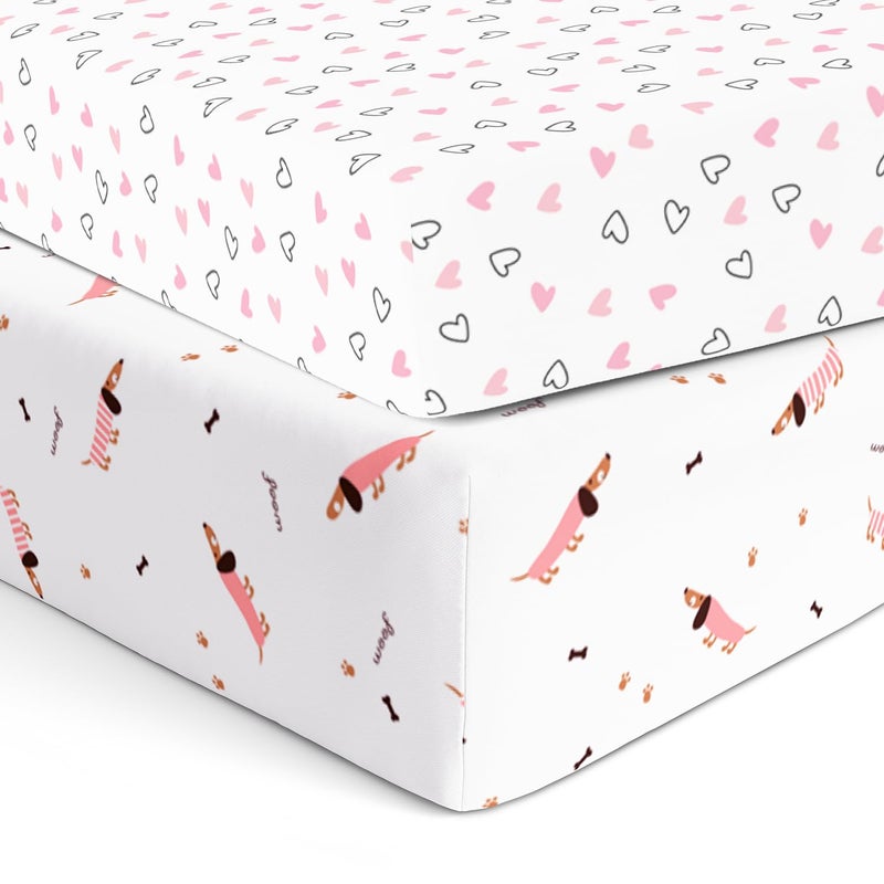 The White Cradle Cotton Baby Crib Fitted Bed Sheets for Cot Organic Twill Fabric Baby Bedding for New Born Infants Toddlers 52x28 Pack of 2 The White Cradle Pink Hearts Pink Poodle - Image 1