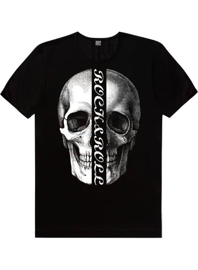 Rock&Roll Half Skull Black Short Sleeve Men's T-Shirt - Image 3