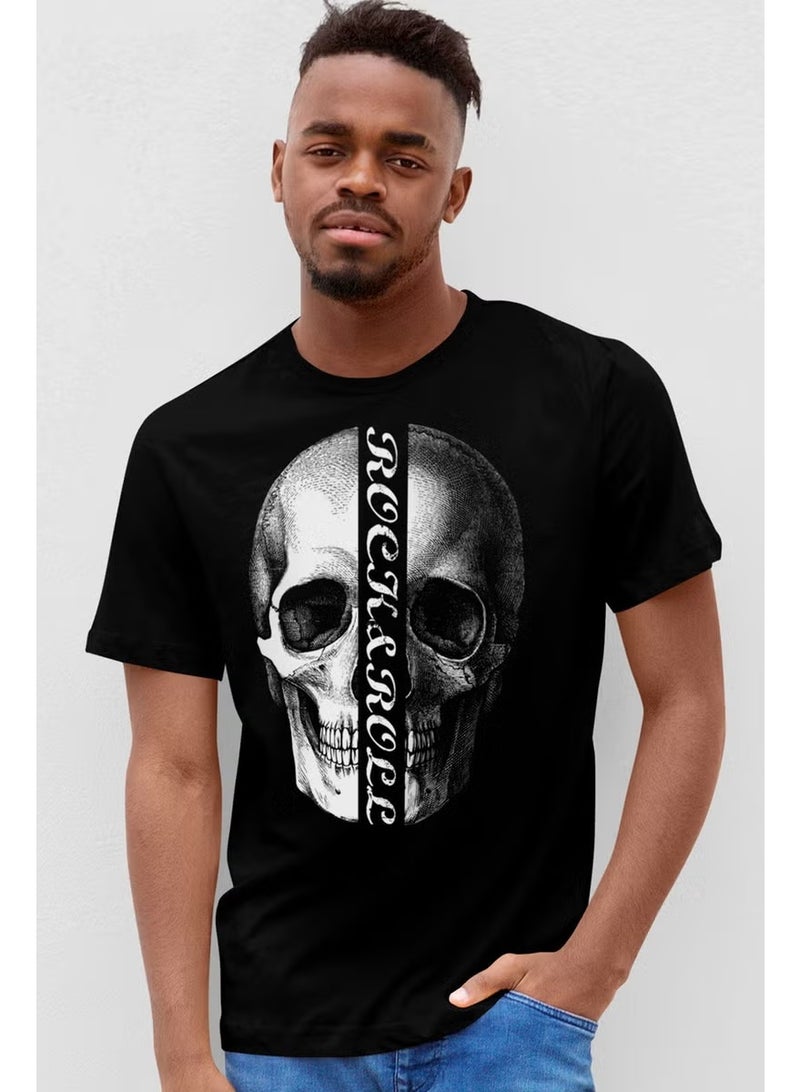 Rock&Roll Half Skull Black Short Sleeve Men's T-Shirt - Image 1