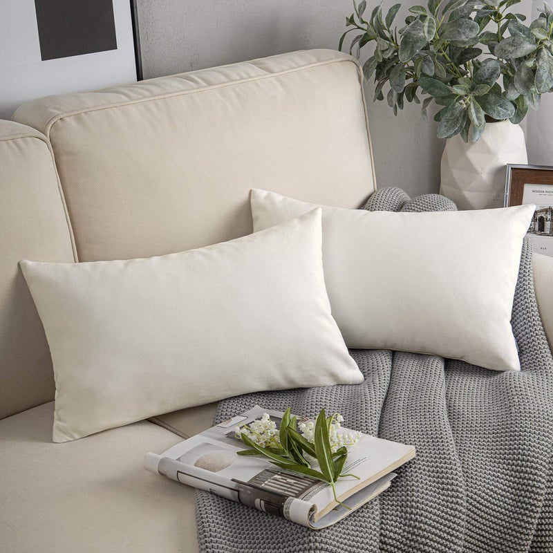 Phantoscope Pack of 2 Velvet Decorative Throw Decorative Pillow Cover Soft Solid Square Cushion Case for Couch Off White 12 x 20 inches 30 x 50 cm - Image 1