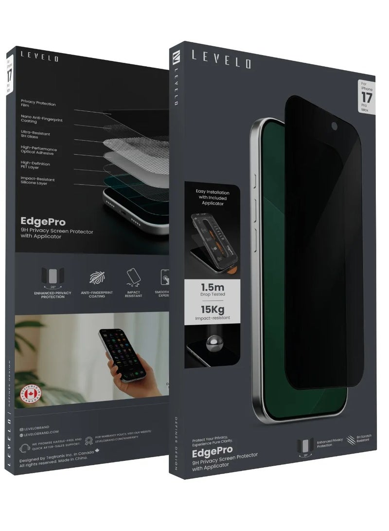 LEVELO iPhone 17 Privacy Screen Protector EdgePro 9H Impact-Resistant Glass with Applicator, Anti-Fingerprint, Ultra-Clear, 1.5m Drop Tested - Privacy - Image 4