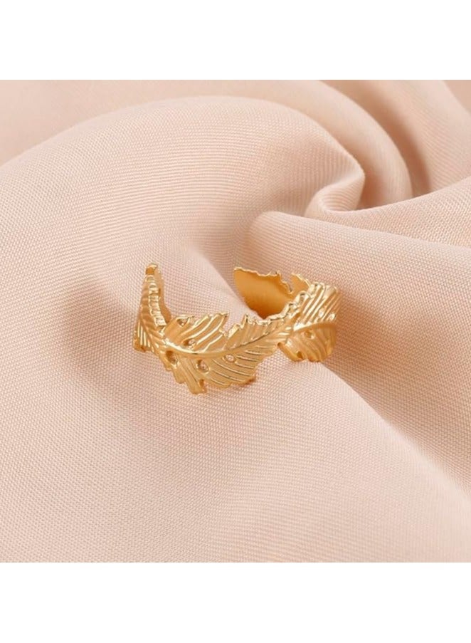 KAAF CREATIONS 18k gold plated Stainless Steel Adjustable Leaf cuff ring for Women - Image 2