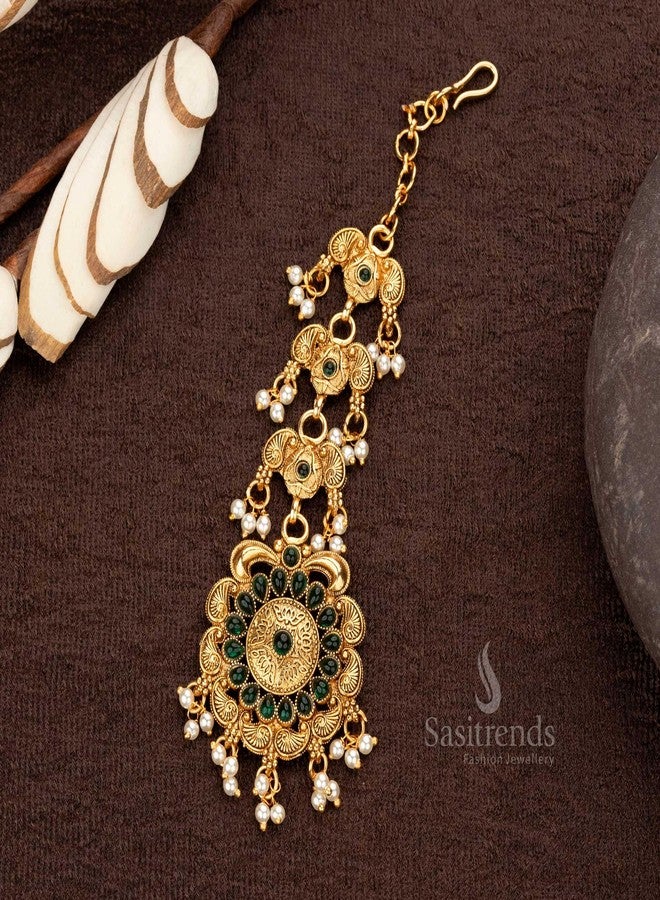 Sasitrends Traditional Classic Green Matte Gold Plated Floral Maang Tikka with Pearl Hangings - Image 3