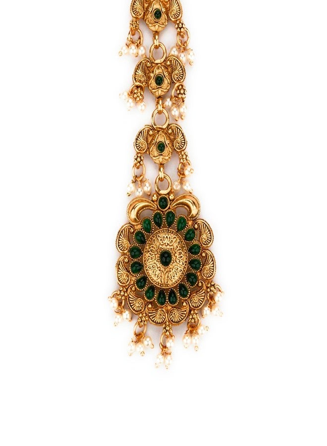 Sasitrends Traditional Classic Green Matte Gold Plated Floral Maang Tikka with Pearl Hangings - Image 4