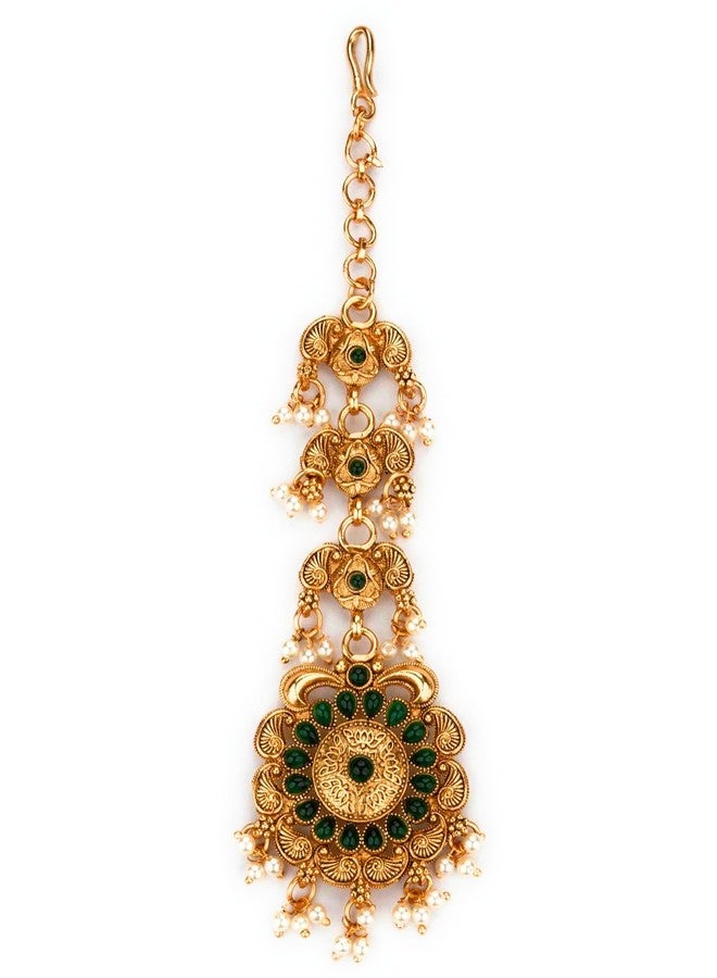 Sasitrends Traditional Classic Green Matte Gold Plated Floral Maang Tikka with Pearl Hangings - Image 1