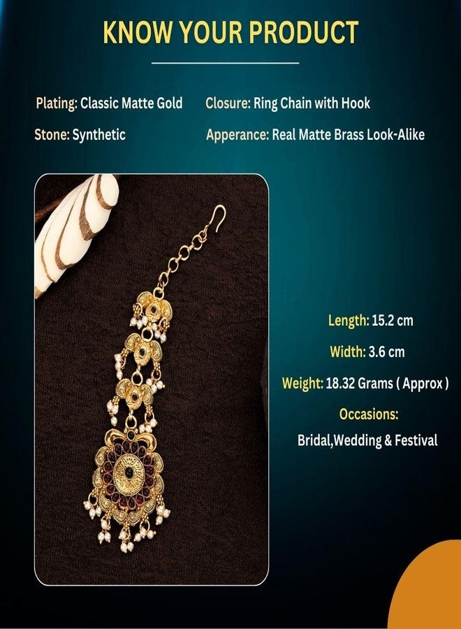 Sasitrends Traditional Classic Green Matte Gold Plated Floral Maang Tikka with Pearl Hangings - Image 2
