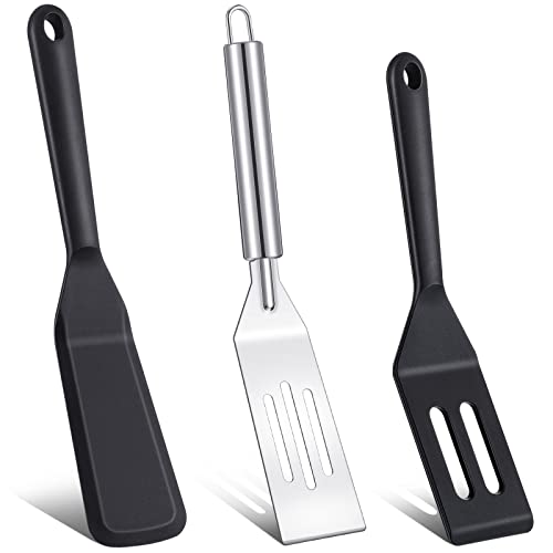 Remagr 3 Pcs Small Spatula Thin Narrow Silicone Serving Spatula Kitchen Cooking Nonstick Stainless Steel Slotted Turner Pan Flipper for Egg Crepe Cake Fish Pancake Cookie - Image 1