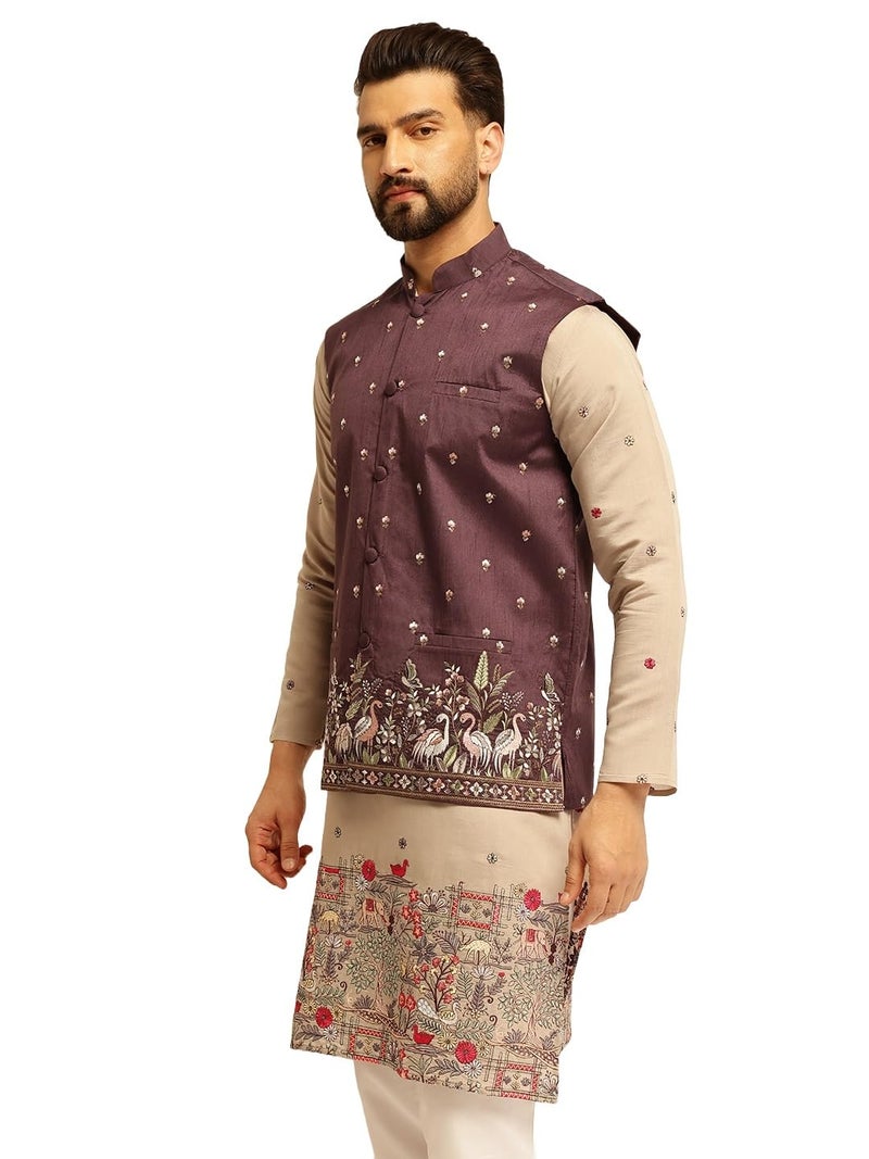 SOJANYA (Since 1958 Men's Silk Blend Exquisite Daman Embroidered Wine Nehru Jacket - Image 1