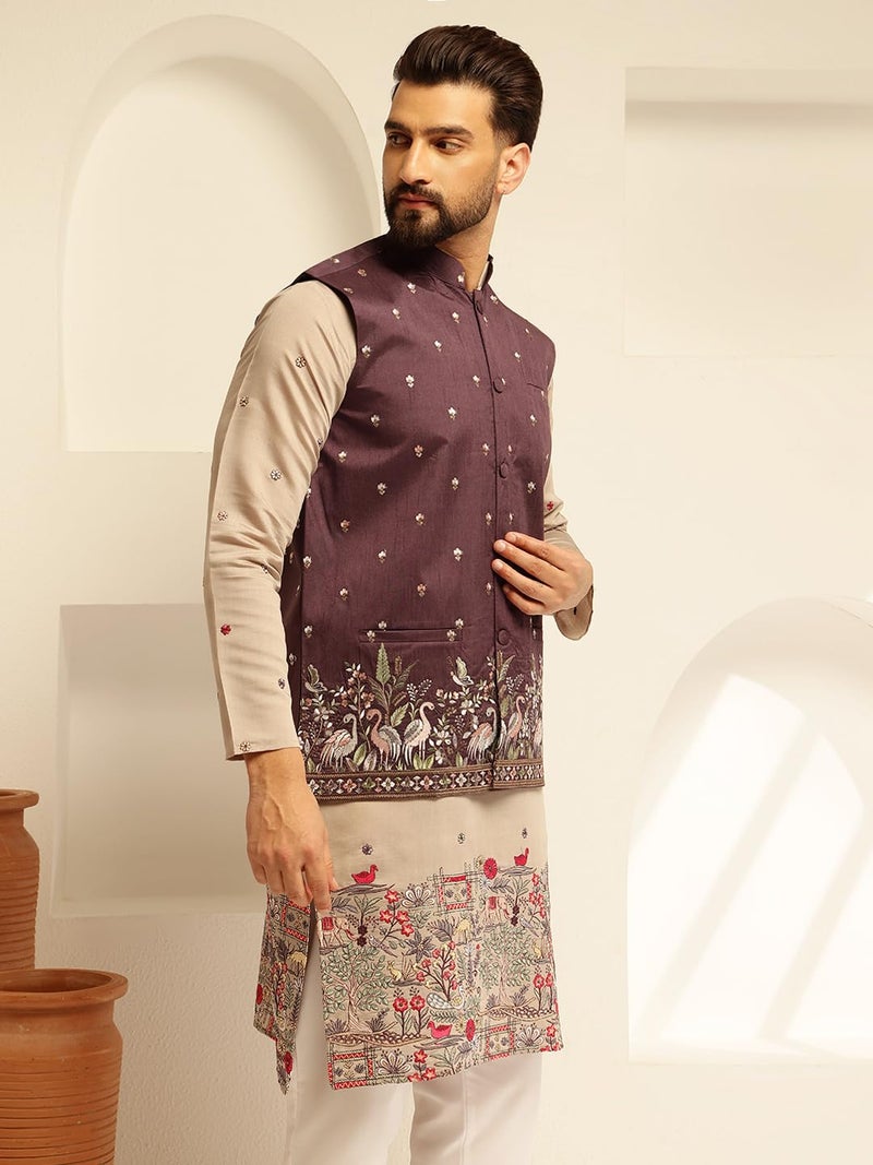 SOJANYA (Since 1958 Men's Silk Blend Exquisite Daman Embroidered Wine Nehru Jacket - Image 3
