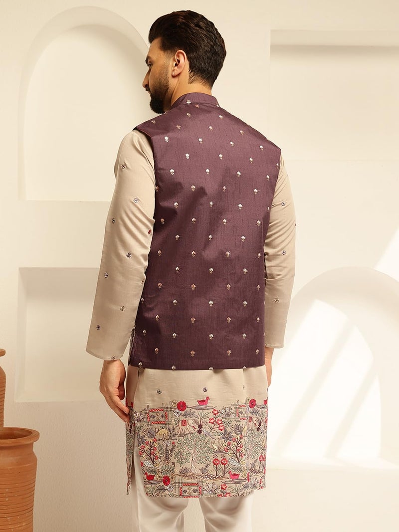 SOJANYA (Since 1958 Men's Silk Blend Exquisite Daman Embroidered Wine Nehru Jacket - Image 4
