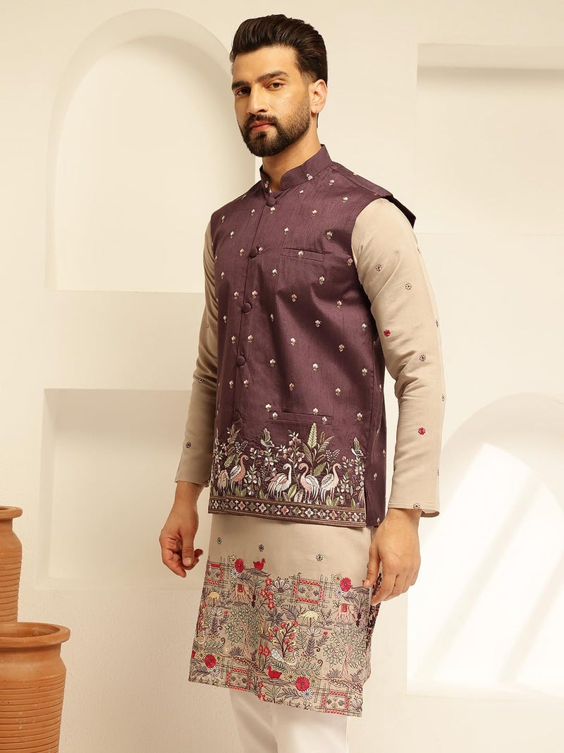 SOJANYA (Since 1958 Men's Silk Blend Exquisite Daman Embroidered Wine Nehru Jacket - Image 2