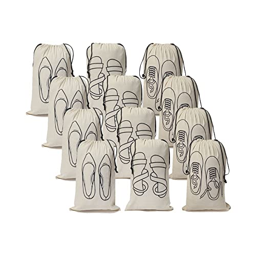 IVILLAGE Premium Reusable and Washable 100% Pure Cotton Fabric Shoe Covers/Bags with Drawstring Closure|Handcrafted Doodle Collection|Ideal for Travel, Home and Storage| Pack of 12|Off-White|Female - Image 1