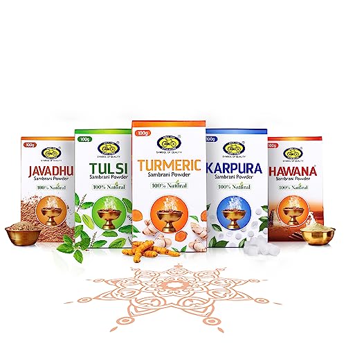 Cycle Pure Sambrani Powder Original for Pooja, 100 GM (Pack of 5) | Variants: Turmeric, Tulsi, Javadhu, Hawana, Karpura Sambrani Powder | Ideal for Daily Puja, Festive Occasions & Special Ceremonies - Image 1