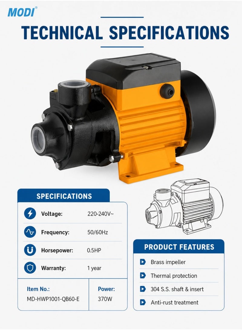 MODI 0.5HP Water Pump 370W Peripheral Pump With Brass Impeller, Thermal Protection, Stainless Steel Shaft, Anti-Rust Body, Low Noise Bearing, 220–240V For Home Water Transfer And Irrigation - Image 3
