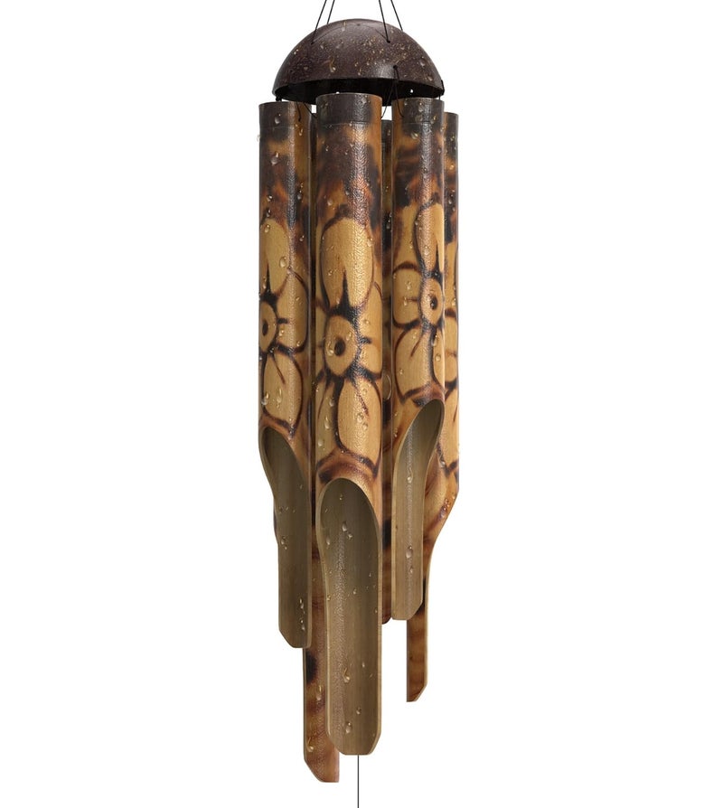 Nalulu Rustic Bamboo Wind Chimes Outside Outdoor Wooden Windchimes Large Floral Burned Design with Coconut Crown Handcrafted with Calming Deep Tones Home Decor Ideal Gift for Him Her