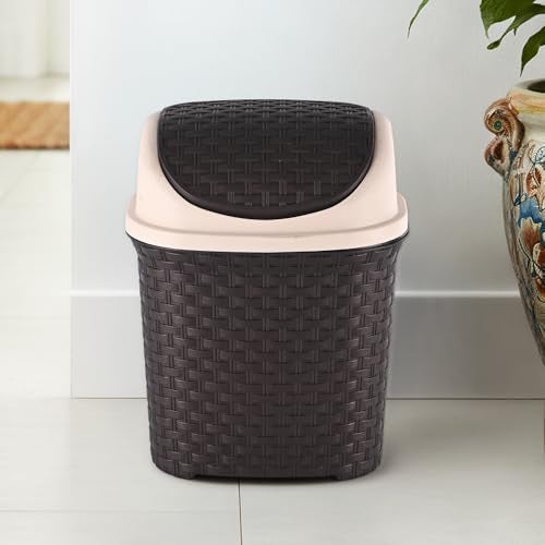 Kuber Industries Durable 7 Liters Plastic Swing Lid Dustbin for Home Bathroom & Kitchen | Multi-Purpose Garbage Bin | Dustbin for Office Small Spaces & Hygienic Use | Check - Brown - Image 1