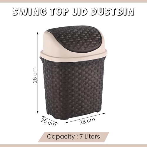 Kuber Industries Durable 7 Liters Plastic Swing Lid Dustbin for Home Bathroom & Kitchen | Multi-Purpose Garbage Bin | Dustbin for Office Small Spaces & Hygienic Use | Check - Brown - Image 3