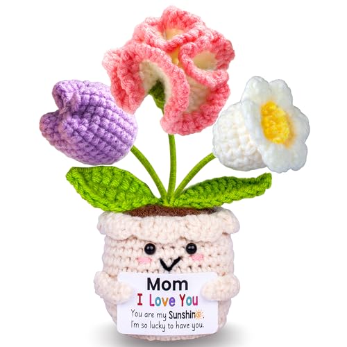 Qunland Mothers Day Mom Gifts for Mom, Gifts for Moms from Daughter Son, Mother's Day Birthday Gift for Moms Mother in Law Step Mama, Cute Handmade Crochet 3 Flowers Pot Doll I Love You Present for Mum - Image 1
