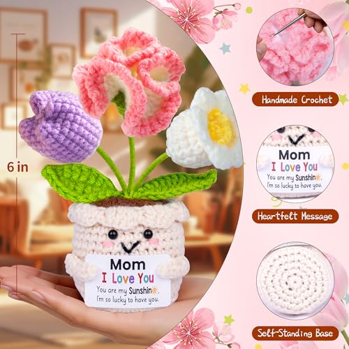 Qunland Mothers Day Mom Gifts for Mom, Gifts for Moms from Daughter Son, Mother's Day Birthday Gift for Moms Mother in Law Step Mama, Cute Handmade Crochet 3 Flowers Pot Doll I Love You Present for Mum - Image 5