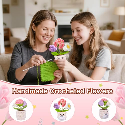 Qunland Mothers Day Mom Gifts for Mom, Gifts for Moms from Daughter Son, Mother's Day Birthday Gift for Moms Mother in Law Step Mama, Cute Handmade Crochet 3 Flowers Pot Doll I Love You Present for Mum - Image 4