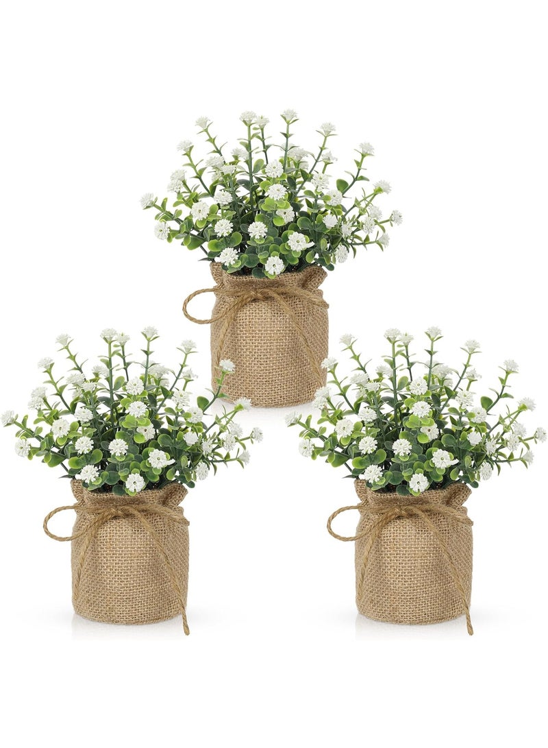 Arabest Artificial Mini Potted Flowers Set of 3, Faux Baby’s Breath Plant with Burlap Pot, Small Fake Greenery Desk Decor for Home Office Shelf Table Centerpiece, Rustic Farmhouse Wedding Spring Decorations - Image 1
