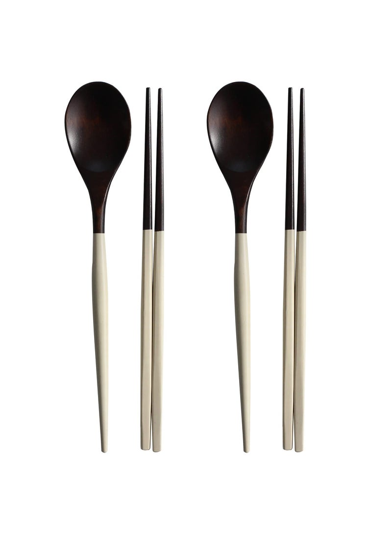 MANMUL sangjeom Korea Traditional Reusable Lacquer Wooden Chopsticks  Spoon Set 2 Pair Ivory 