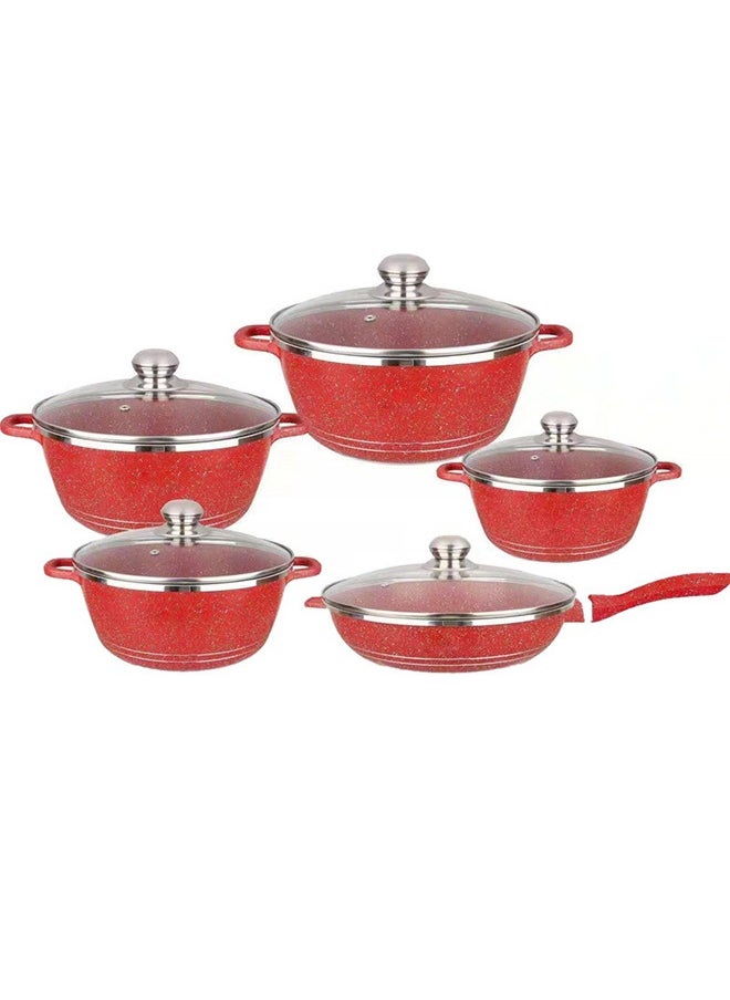 Sharpdo Non-Stick Cookware Set - 10 Pieces Stockpot Frying Pan Wok With Glass Lid Pot Set Includes 16/18/20/22/24 Cm Stockpot Cooking Set Suitable For Induction Cooker Gas Stove (Red)  - Image 1
