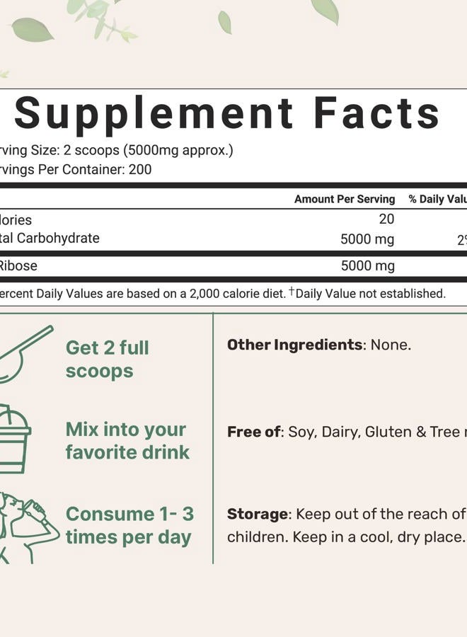 Micro Ingredients مسحوق د-ريبوز النقي، 1 كجم (2.2 رطل و 200 حصة) - مكمل دعم الشعر، سكر بسيط طبيعي، يذوب بوضوح، درجة صيدلانية - خالي من الحشوات، بدون مواد معدلة وراثيًا، بدون جلوتين وقابل للذوبان في الماء - Image 3