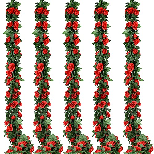 Antspirit 5pack Flower Garland Artificial Fake Rose Garland Vine Artificial Flowers for Decoration Floral Garlands Decor-Total 41 Ft (Red) - Image 1