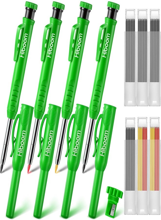HI-BOOM Hiboom 4 Pack Carpenter Pencils with 36 Refills (Red, Black, Yellow), 2.8 mm Heavy Duty Woodworking Marking Tool Built In Sharpener Ideal for Marking on Solid Long Nosed Deep Hole(Green) - Image 1