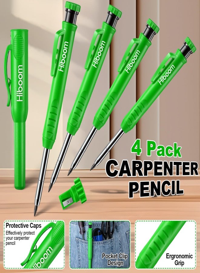 HI-BOOM Hiboom 4 Pack Carpenter Pencils with 36 Refills (Red, Black, Yellow), 2.8 mm Heavy Duty Woodworking Marking Tool Built In Sharpener Ideal for Marking on Solid Long Nosed Deep Hole(Green) - Image 3