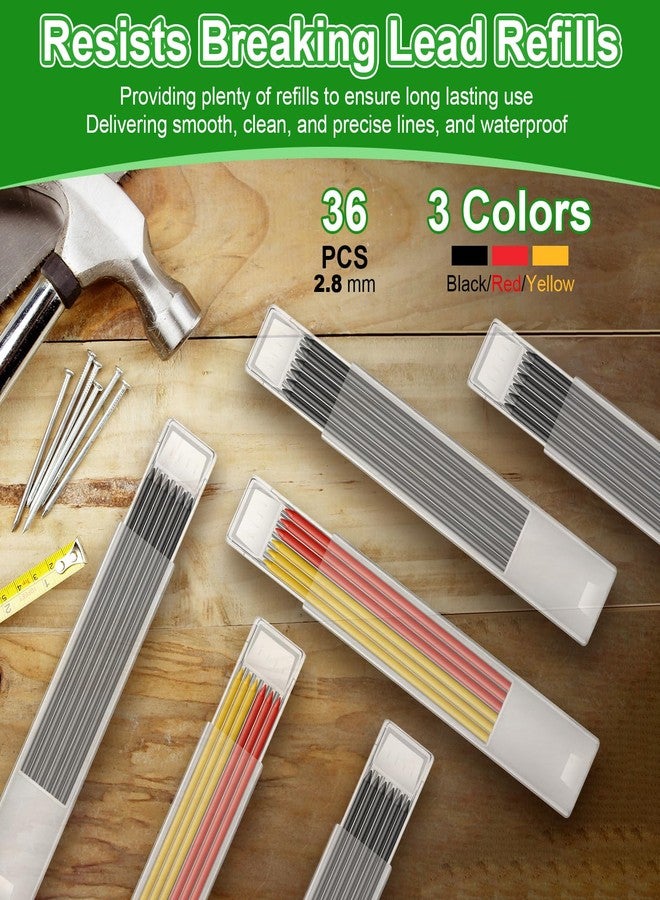 HI-BOOM Hiboom 4 Pack Carpenter Pencils with 36 Refills (Red, Black, Yellow), 2.8 mm Heavy Duty Woodworking Marking Tool Built In Sharpener Ideal for Marking on Solid Long Nosed Deep Hole(Green) - Image 4