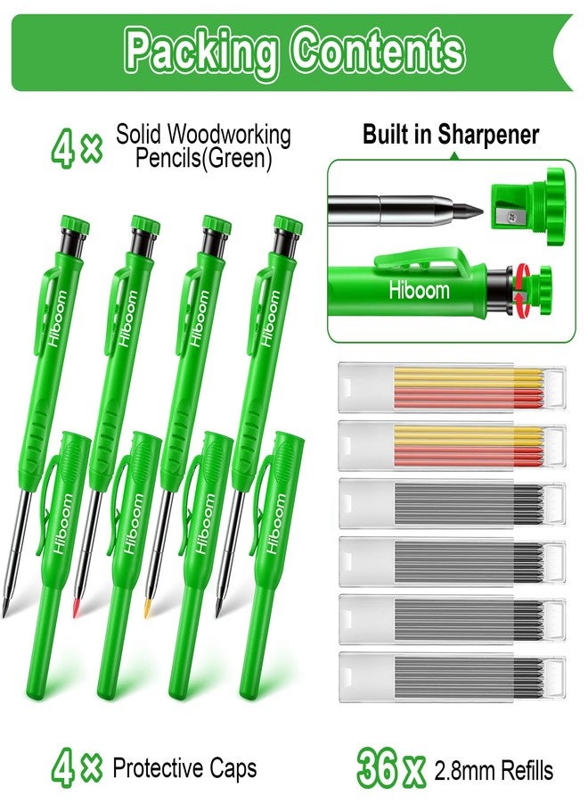 HI-BOOM Hiboom 4 Pack Carpenter Pencils with 36 Refills (Red, Black, Yellow), 2.8 mm Heavy Duty Woodworking Marking Tool Built In Sharpener Ideal for Marking on Solid Long Nosed Deep Hole(Green) - Image 2