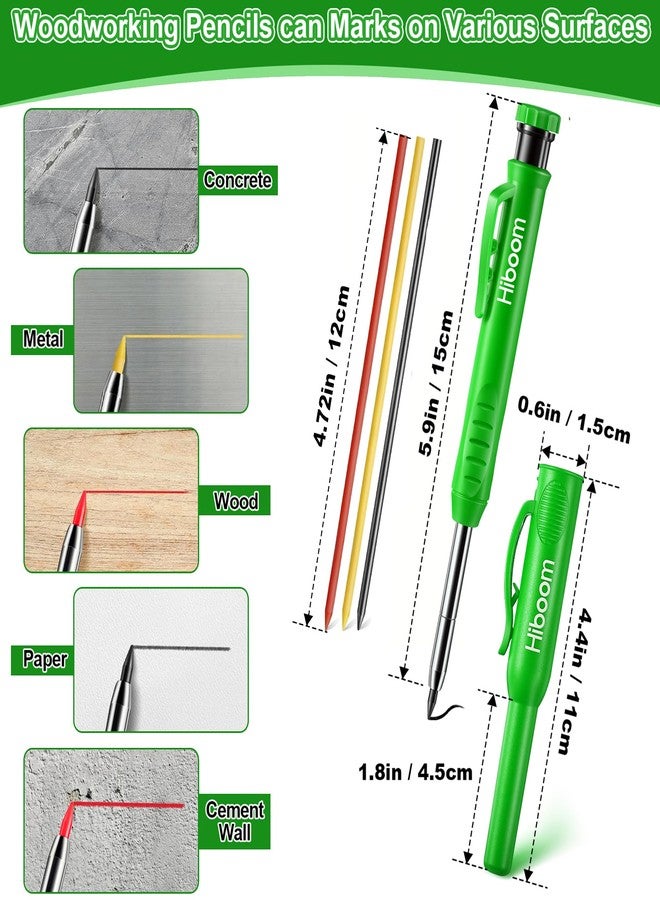 HI-BOOM Hiboom 4 Pack Carpenter Pencils with 36 Refills (Red, Black, Yellow), 2.8 mm Heavy Duty Woodworking Marking Tool Built In Sharpener Ideal for Marking on Solid Long Nosed Deep Hole(Green) - Image 5