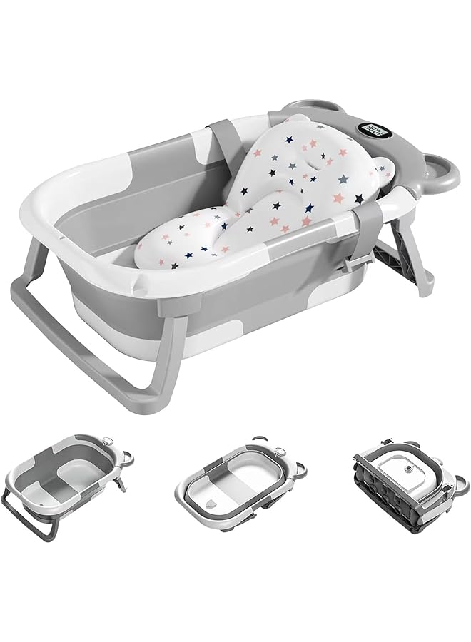 RUIXZSS Foldable Baby Bathtub Collapsible Baby Bath Tub Set For Newborn To Toddler Portable Travel Bathtub With Drain Hole Durable Baby Tubs For Infants To Toddler With Non Slip Mat (Grey) - Image 1