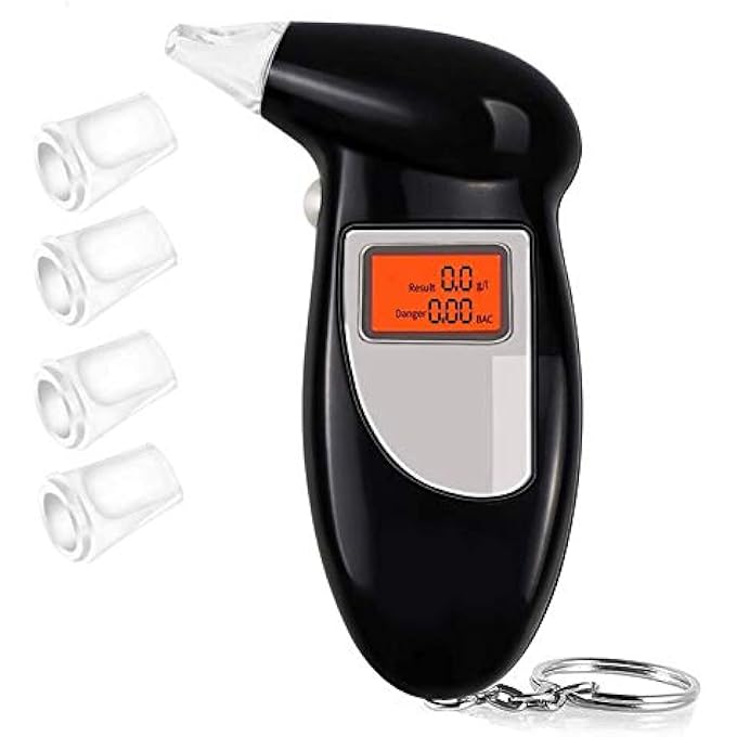 Alcohol Tester, Professional Semi-conductor Sensor Portable Breathalyzer Kit, Large LCD Digital Display Police Alcohol Breathalyzer Keychain with 5 Mouthpieces