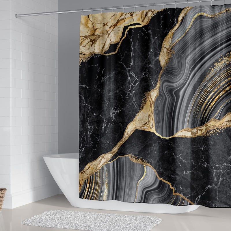 beifivcl 4Pcs Marble Shower Curtain Sets, Bathroom Decor Sets, Luxury Shower Curtain with 12 Hooks, Bath Mat, Toilet Lid Rug and Non-Slip U Shape Mat Accessories Marble Print, 72 x 72 Inch, Black - Image 2