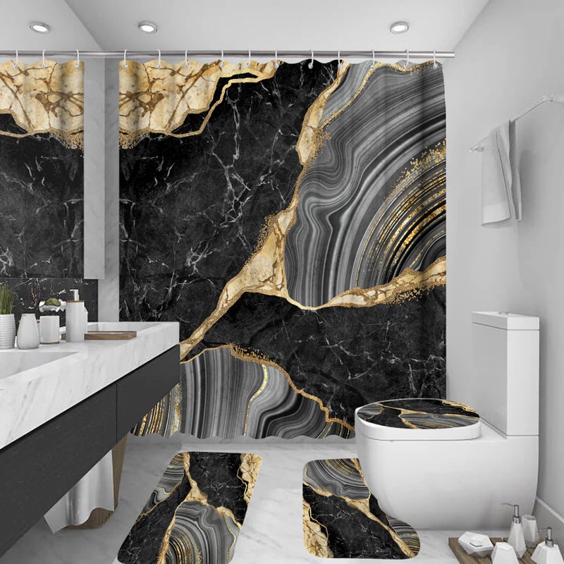 beifivcl 4Pcs Marble Shower Curtain Sets, Bathroom Decor Sets, Luxury Shower Curtain with 12 Hooks, Bath Mat, Toilet Lid Rug and Non-Slip U Shape Mat Accessories Marble Print, 72 x 72 Inch, Black - Image 1