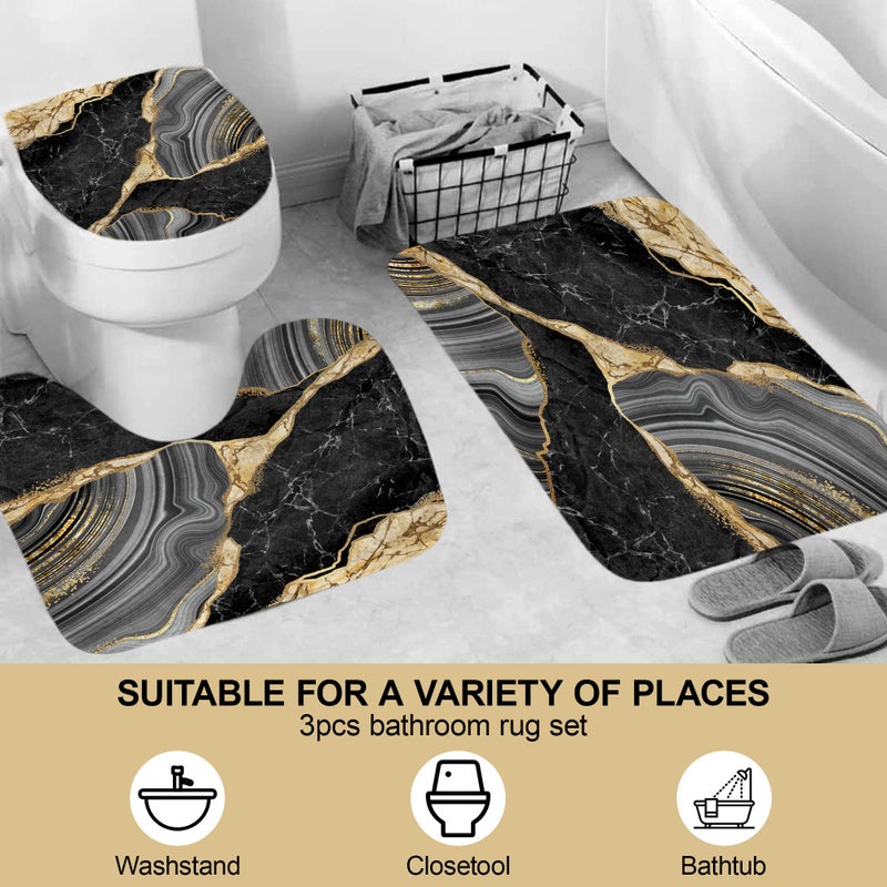 beifivcl 4Pcs Marble Shower Curtain Sets, Bathroom Decor Sets, Luxury Shower Curtain with 12 Hooks, Bath Mat, Toilet Lid Rug and Non-Slip U Shape Mat Accessories Marble Print, 72 x 72 Inch, Black - Image 3