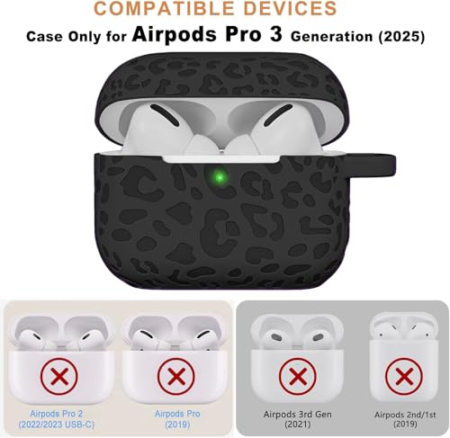 Gawnock Case Compatible with AirPods Pro 3 Generation 2025 Cover with Keychain, Gawnock Engraved Leopard Skin Soft Cover for AirPods Pro 3 Case Full Protection,Front LED Visible, Black - Image 2