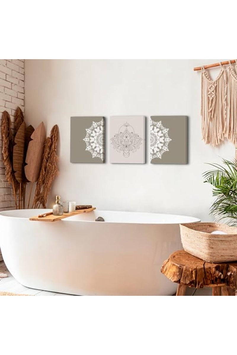 AREBOLO Mandala Wall Art Beige Grey Abstract Wall Decor Boho Canvas Paintings for Living Room Bedroom Brown Neutral Geometric Bohemian Art Prints Walls Floral Posters Artwork Yoga Room Decoration 12x16” 3Pcs - Image 4