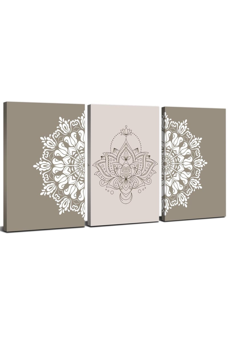 AREBOLO Mandala Wall Art Beige Grey Abstract Wall Decor Boho Canvas Paintings for Living Room Bedroom Brown Neutral Geometric Bohemian Art Prints Walls Floral Posters Artwork Yoga Room Decoration 12x16” 3Pcs - Image 1