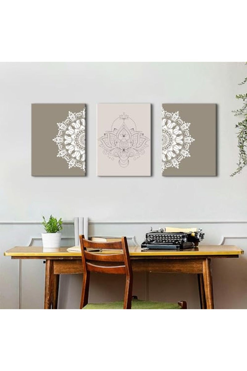 AREBOLO Mandala Wall Art Beige Grey Abstract Wall Decor Boho Canvas Paintings for Living Room Bedroom Brown Neutral Geometric Bohemian Art Prints Walls Floral Posters Artwork Yoga Room Decoration 12x16” 3Pcs - Image 2